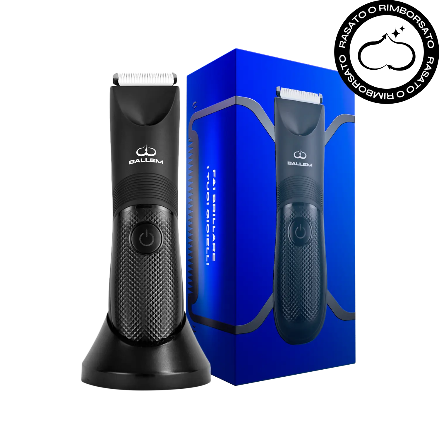 Il Rasoio elettrico Ballem ha un packaging di qualità in cartone spessorato con rilievi in lamina argento. Ballem è il Rasoio per intimo e corpo curato nei minimi dettagli