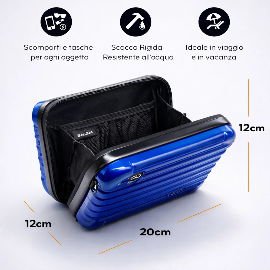 La custodia da viaggio per rasoio e accessori Ballem Bag
organizza e protegge il tuo rasoio elettrico Ballem e i tuoi cosmetici liquidi. Il Beauty perfetto come custodia da viaggio, si adatta facilmente al bagaglio a mano ed è ideale per voli, palestra e in viaggio