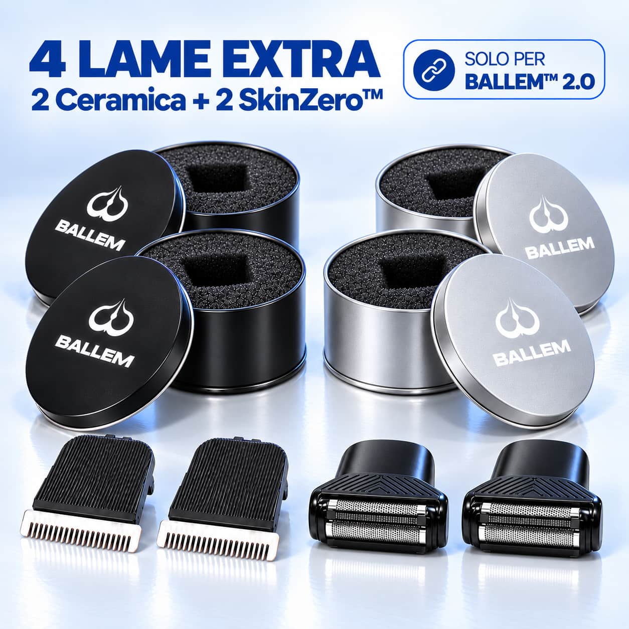 Kit di 4 lame di ricambio BALLEM 2.0: 2 Ceramica e 2 SkinZero, con quattro confezioni in latta aperte, due nere e due argento.