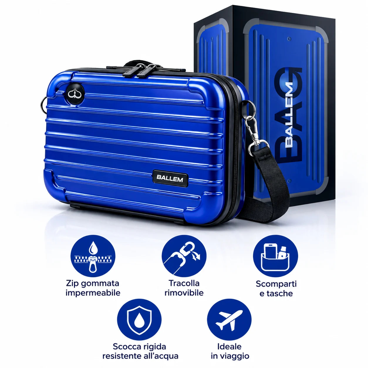 BALLEM Bag blu con confezione e cinque icone: zip gommata impermeabile, tracolla rimovibile, scomparti e tasche, scocca rigida resistente all’acqua e praticità in viaggio.