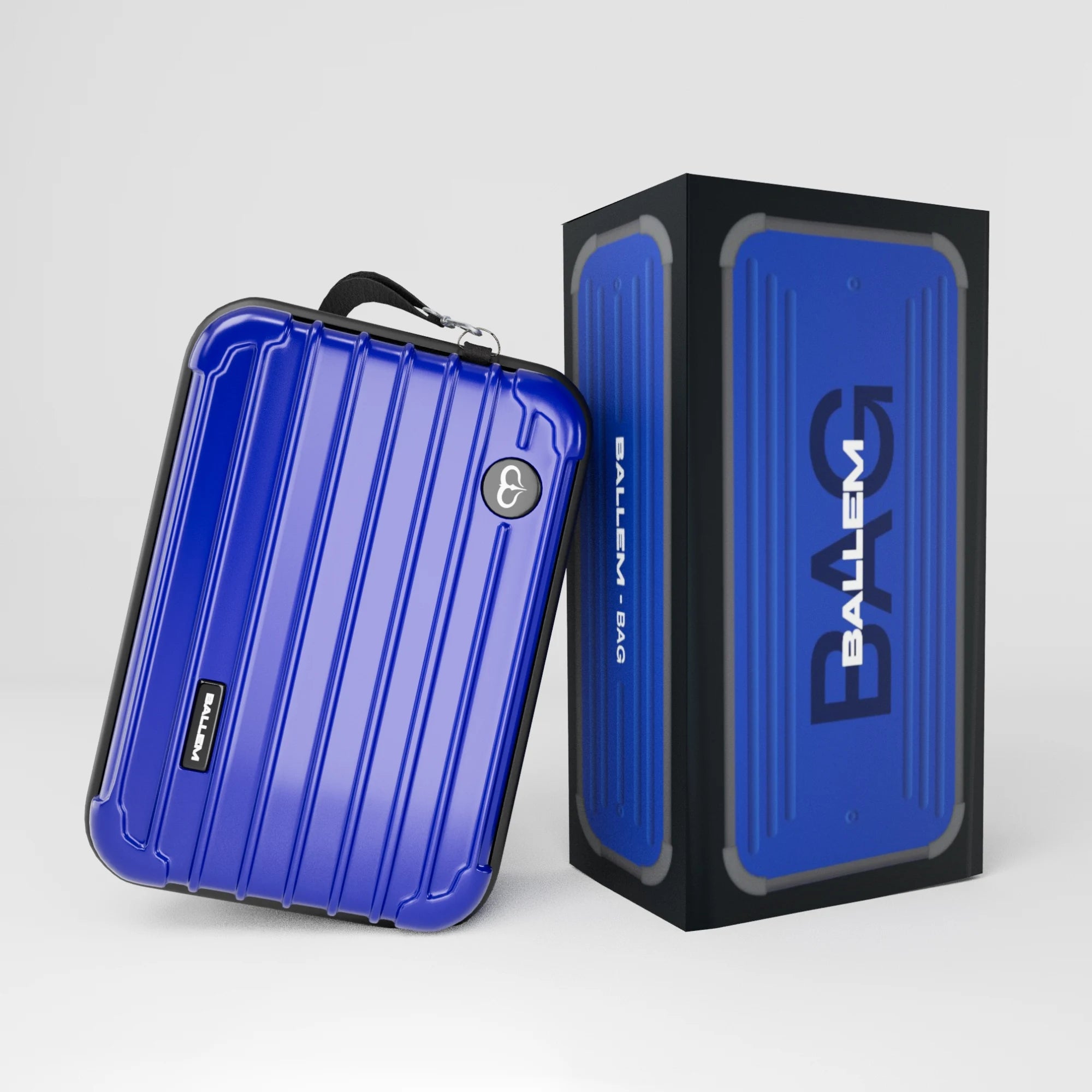 Custodia rigida da viaggio per rasoio Ballem Bag colore blu metallizzato, design compatto e resistente con manico e chiusura a zip, protegge i liquidi ed è il beauty da viaggio ideale per uomo e donna.