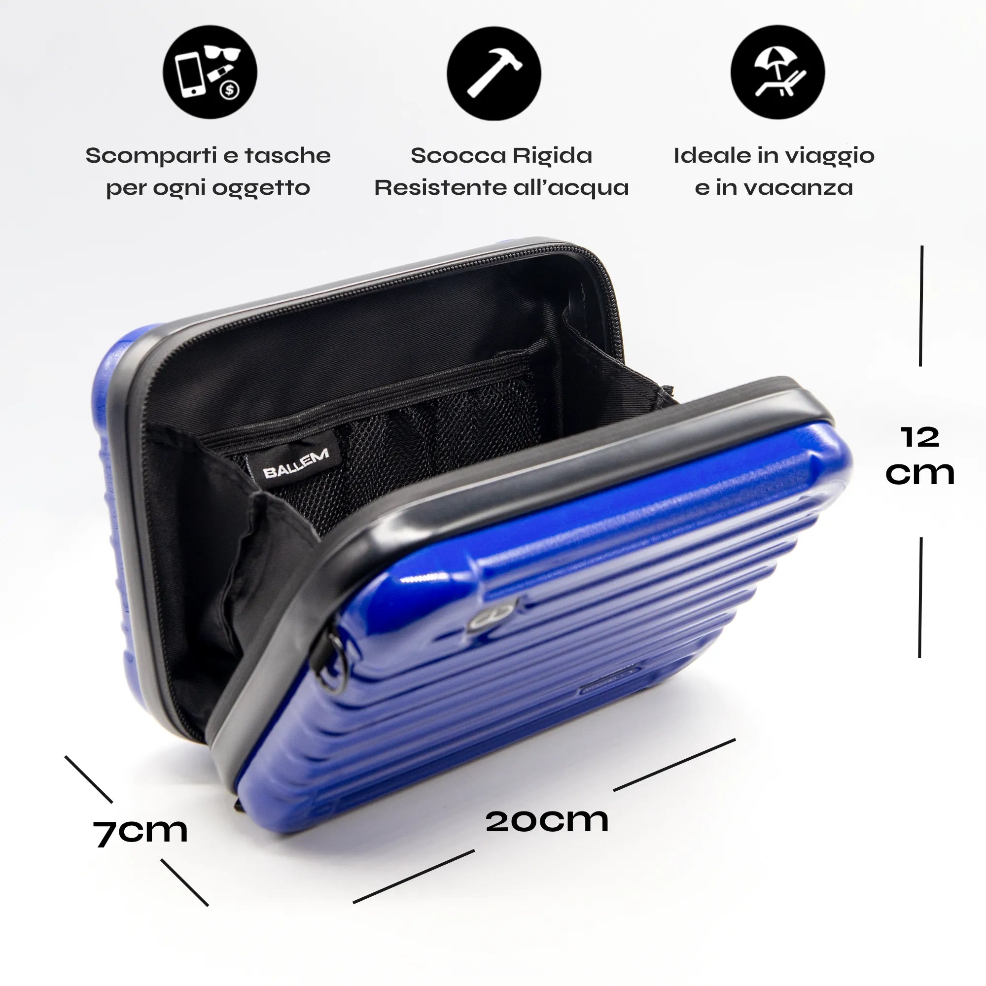 La custodia da viaggio per rasoio e accessori Ballem Bag 
organizza e protegge il tuo rasoio elettrico Ballem e i tuoi cosmetici liquidi. Il Beauty perfetto come custodia da viaggio, si adatta facilmente al bagaglio a mano ed è ideale per voli, palestra e in viaggio