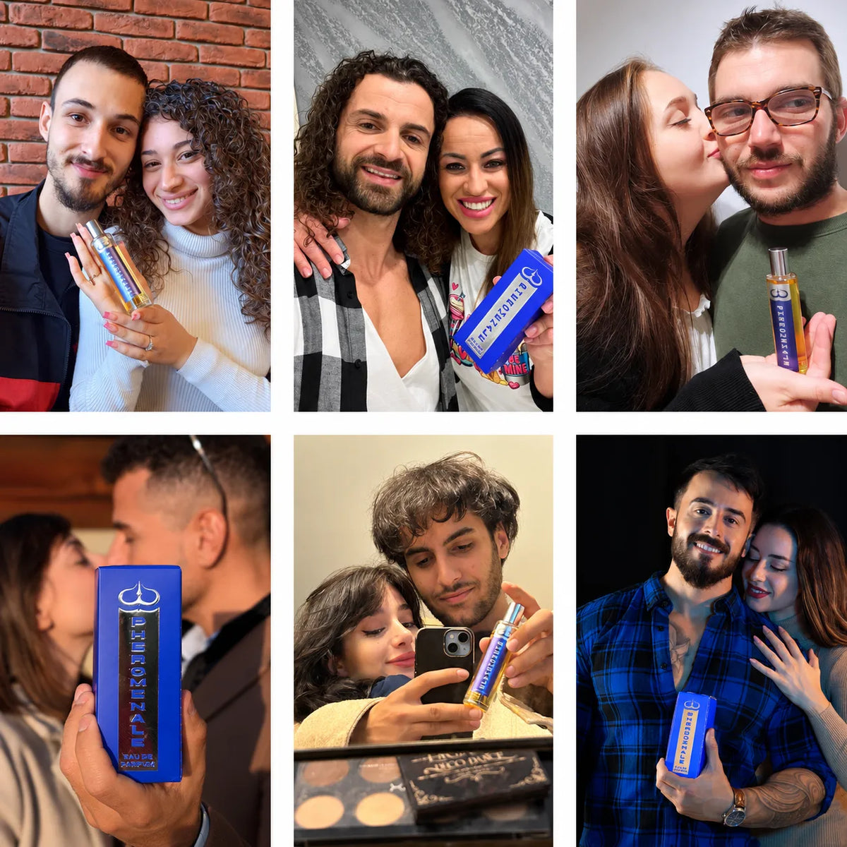 Collage di sei coppie con il profumo uomo BALLEM™ PHEROMENALE Eau de Parfum, tra flaconi e confezioni originali del prodotto