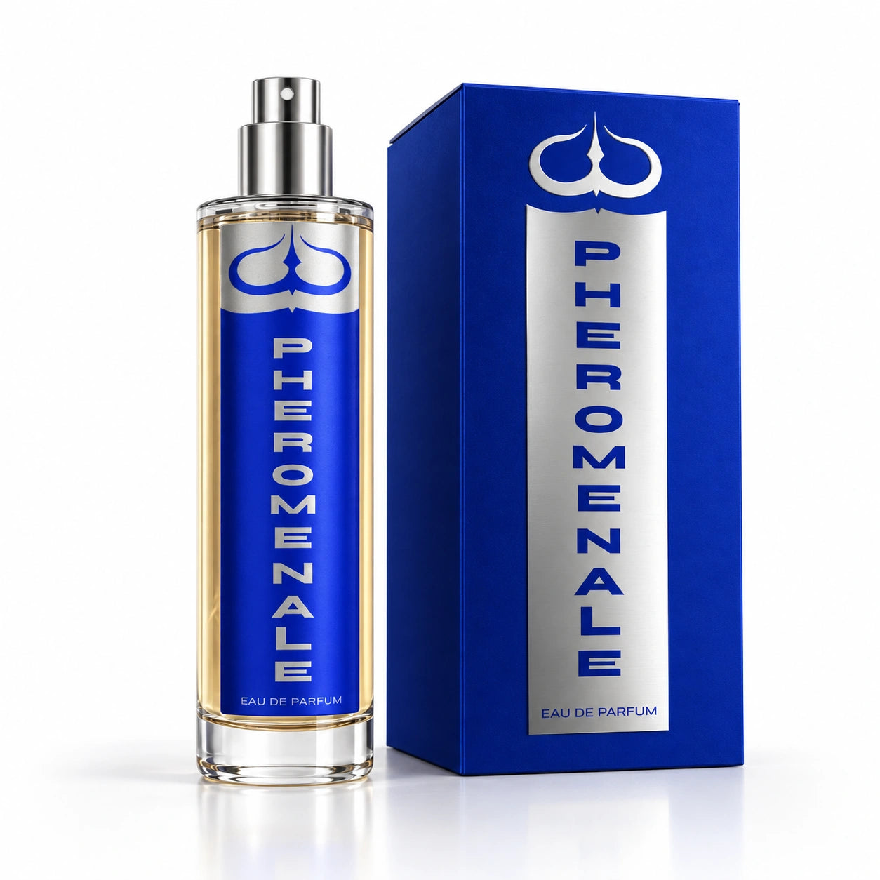 Profumo Pheromenale BALLEM: flacone in vetro con erogatore argentato e confezione blu e argento su sfondo bianco.