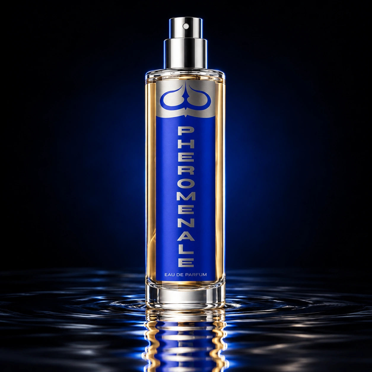 Flacone del profumo Pheromenale BALLEM su acqua scura, con riflesso e luci blu