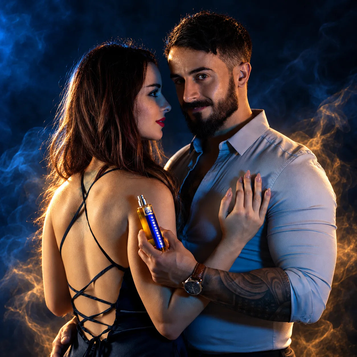 Profumo uomo PHEROMENALE di BALLEM con coppia in posa elegante, atmosfera sensuale e fumo blu e ambra su sfondo scuro