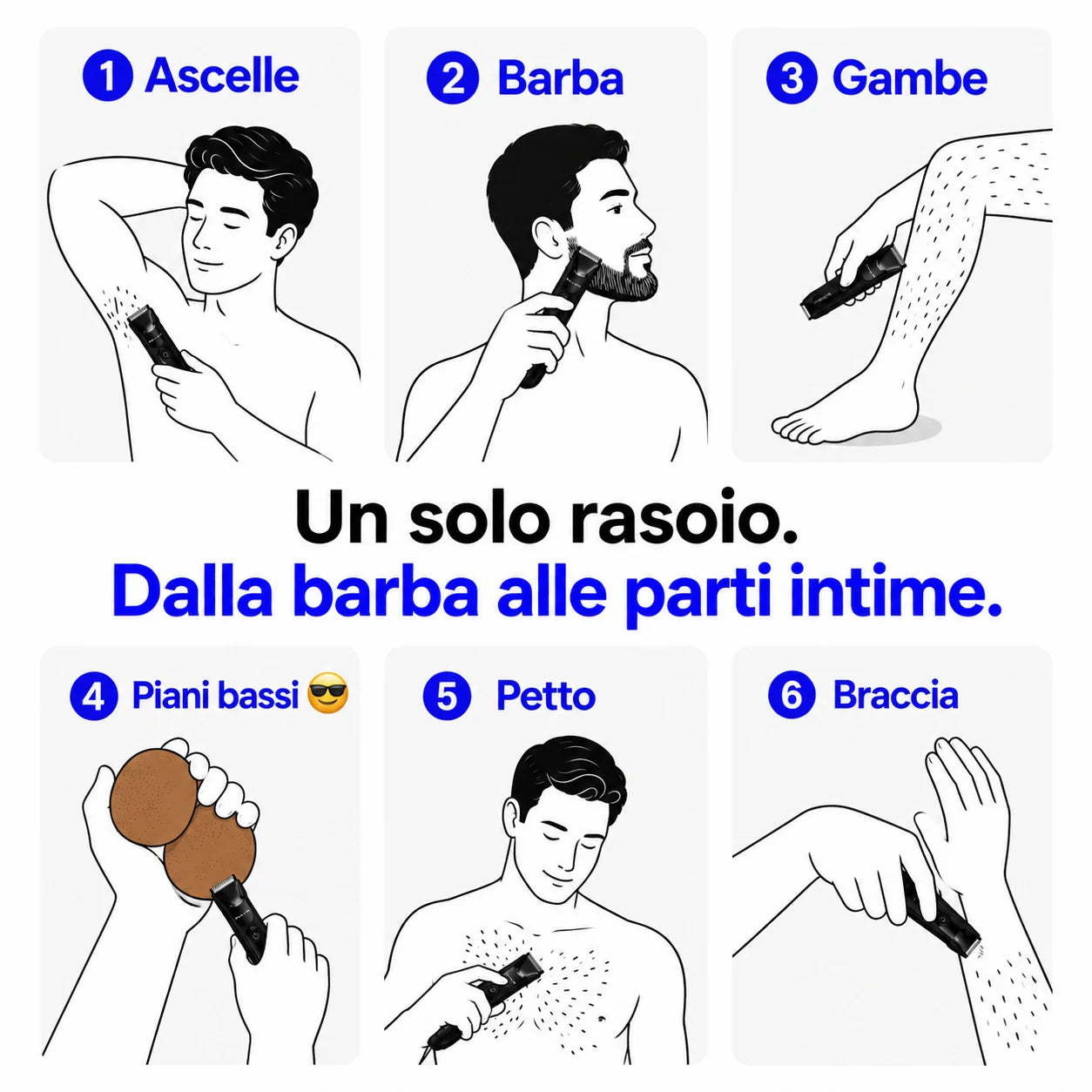 Rasoio elettrico multifunzione BALLEM™ per depilare parti intime, ascelle, barba, gambe, petto e braccia.