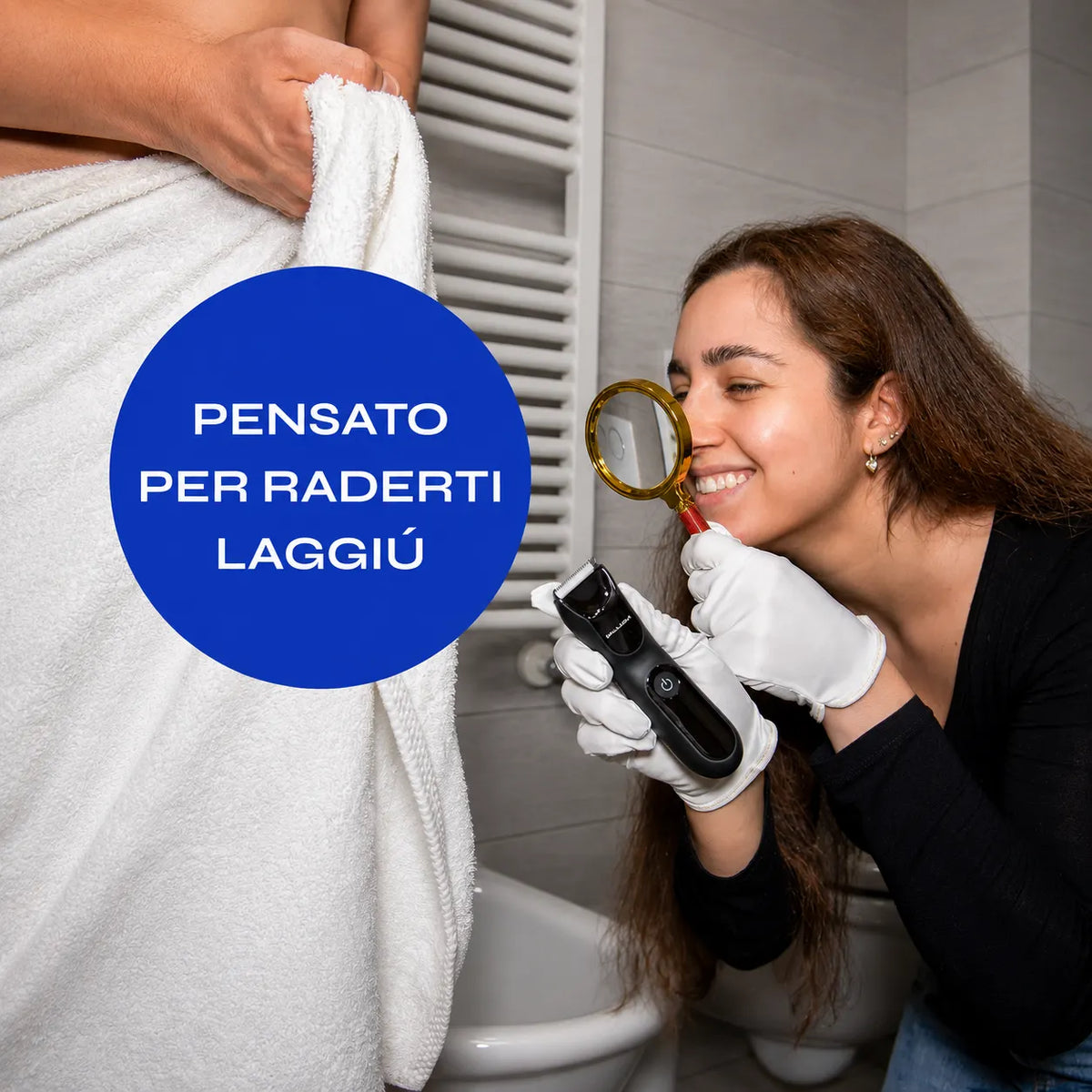 Rasoio elettrico BALLEM™ per la depilazione intima maschile, progettato per radere delicatamente le parti più sensibili.