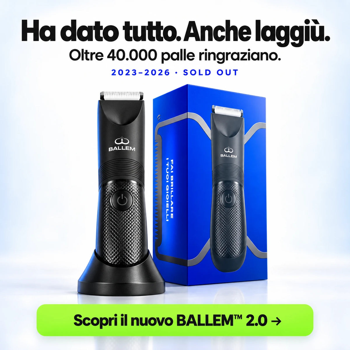 Il Rasoio elettrico Ballem ha un packaging di qualità in cartone spessorato con rilievi in lamina argento. Ballem è il Rasoio per intimo e corpo curato nei minimi dettagli - sold out