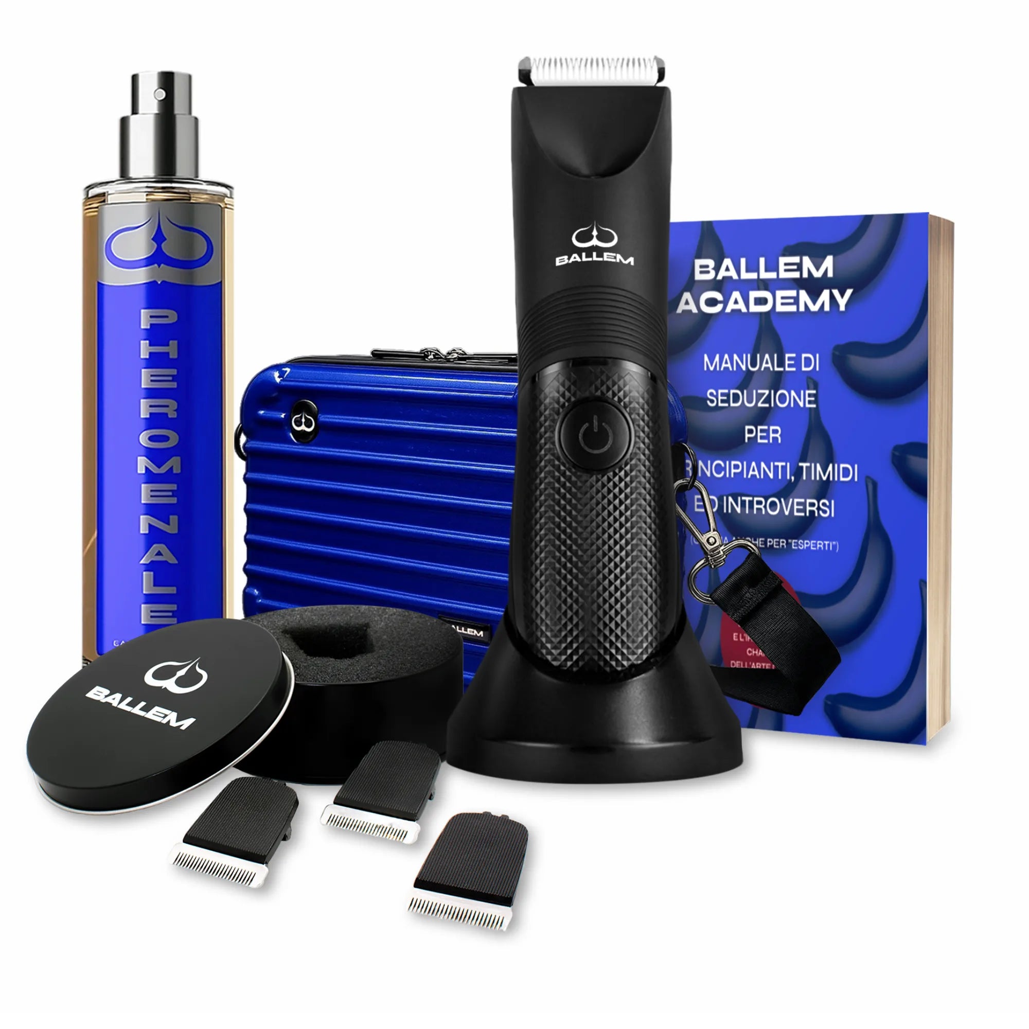 Super Paccone Ballem: Rasoio Ballem™ con tecnologia BallSafe™, 3 lame ceramiche di ricambio, profumo Pheromenale, beauty case impermeabile Ballem-Bag e manuale di seduzione. Kit completo per la cura maschile intima e del corpo, sicuro ed efficace.