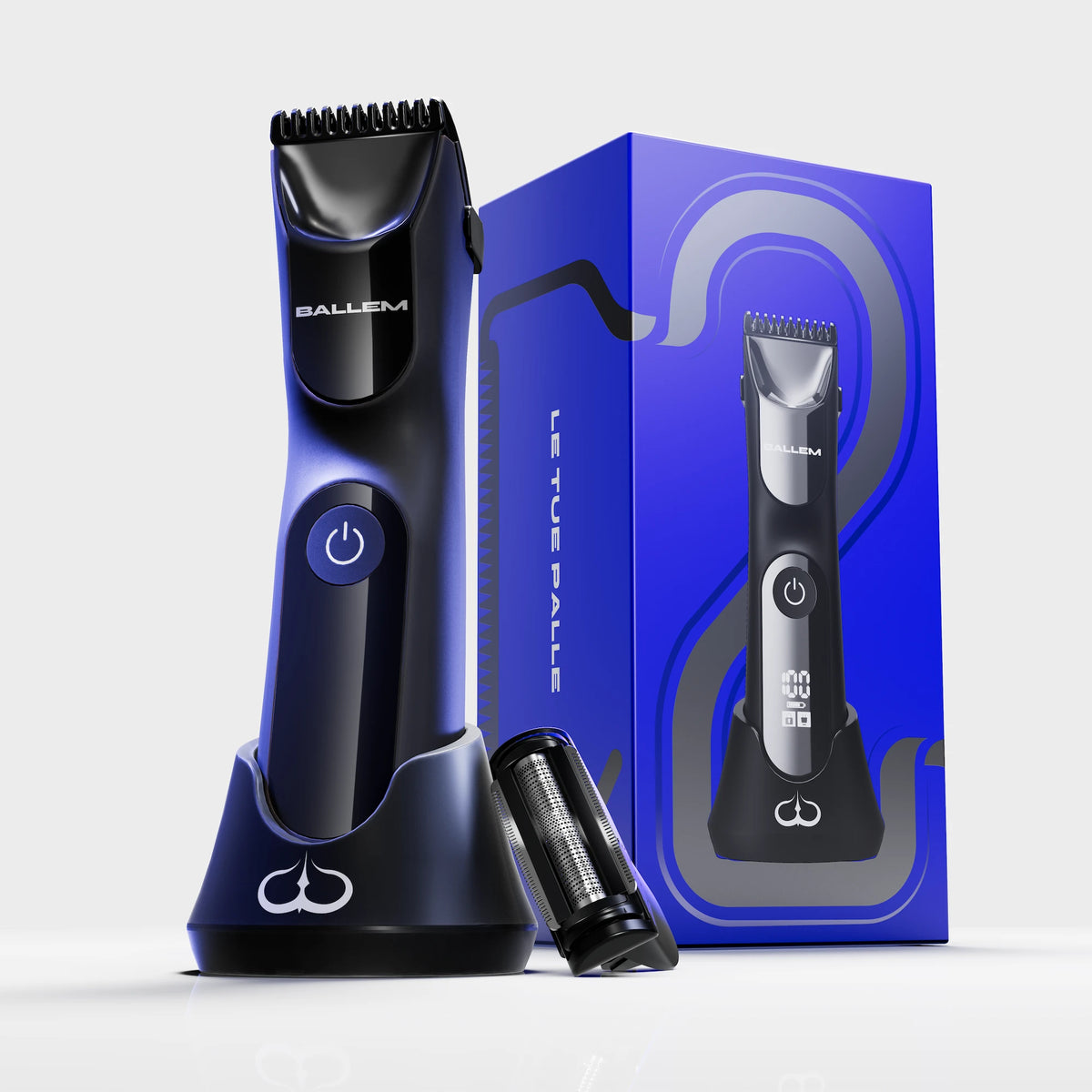 Rasoio elettrico corpo uomo BALLEM™ con lama in ceramica, base di ricarica, testina SKINZERO e confezione originale.