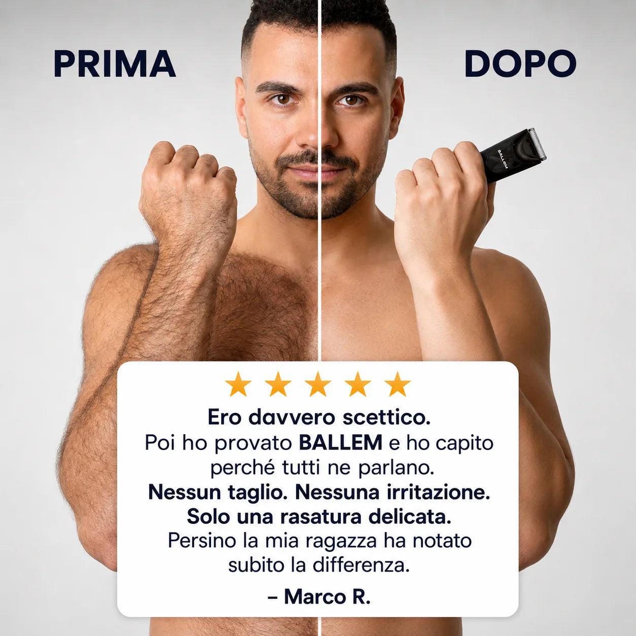 Recensione del rasoio corpo uomo BALLEM™ con risultato prima e dopo: rasatura delicata senza tagli né irritazioni.