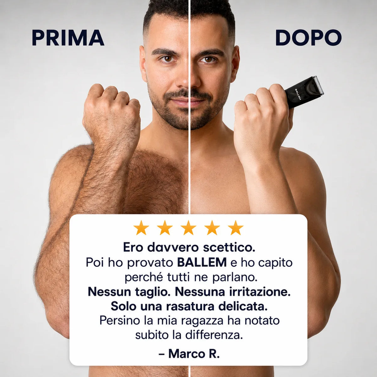 Recensione del rasoio corpo uomo BALLEM™ con risultato prima e dopo: rasatura delicata senza tagli né irritazioni.