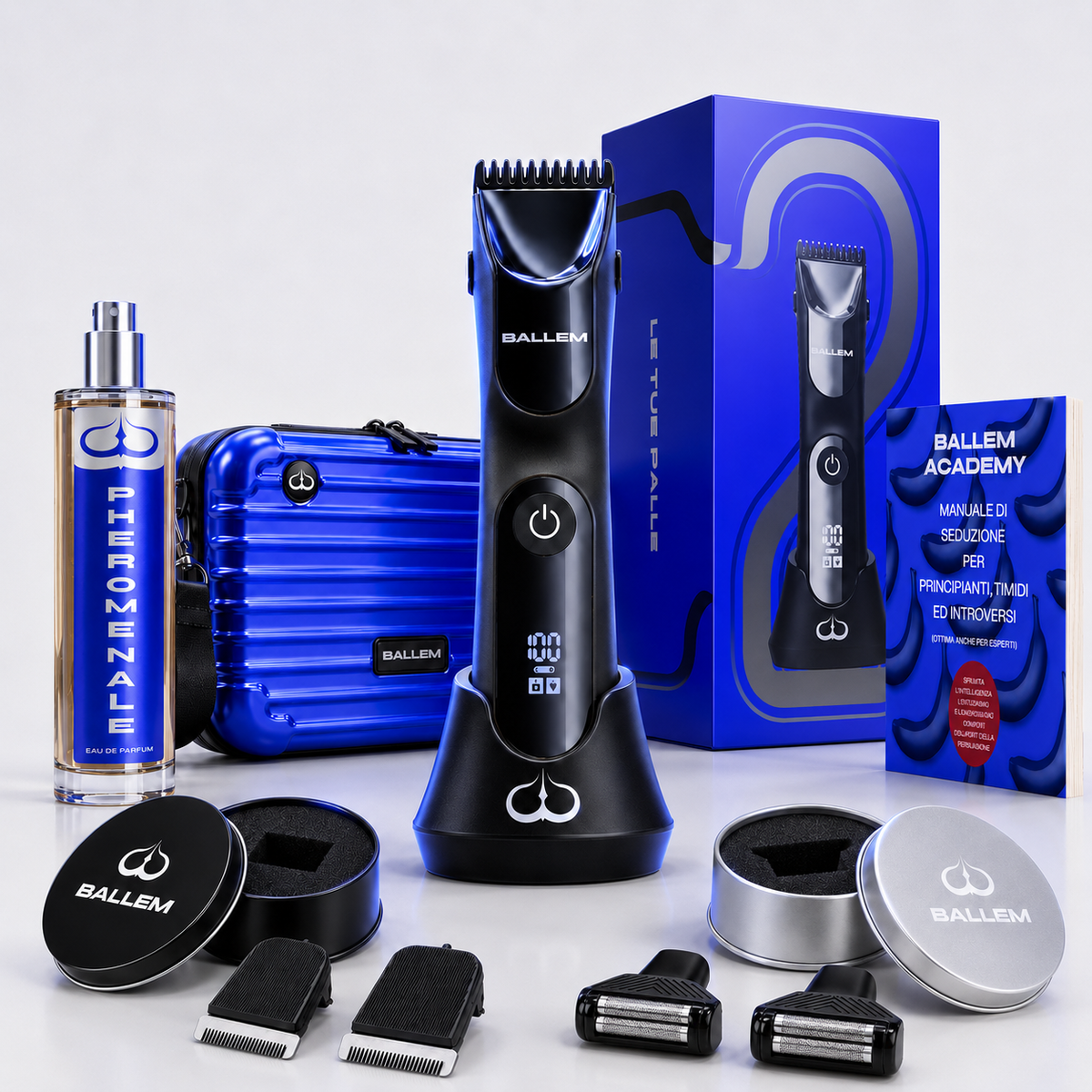 Super Paccone BALLEM 2.0: rasoio con base di ricarica, 4 lame extra (2 Ceramica e 2 SkinZero), profumo Pheromenale, BALLEM Bag blu e manuale di seduzione in eBook.